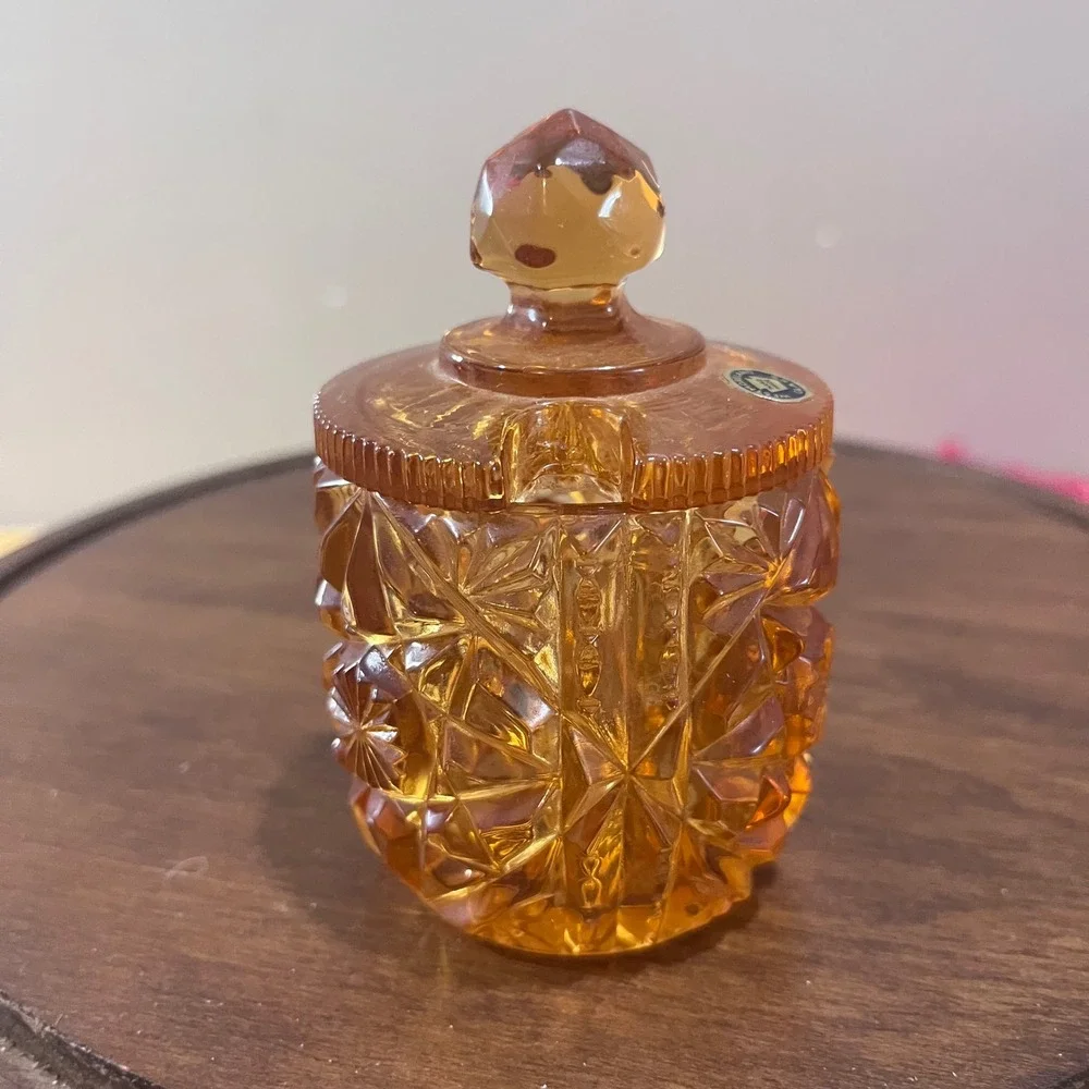 Vtg Westmoreland Amber Glass Jelly Jar Daisy Button Notched Lid MCM Jam Pot 4